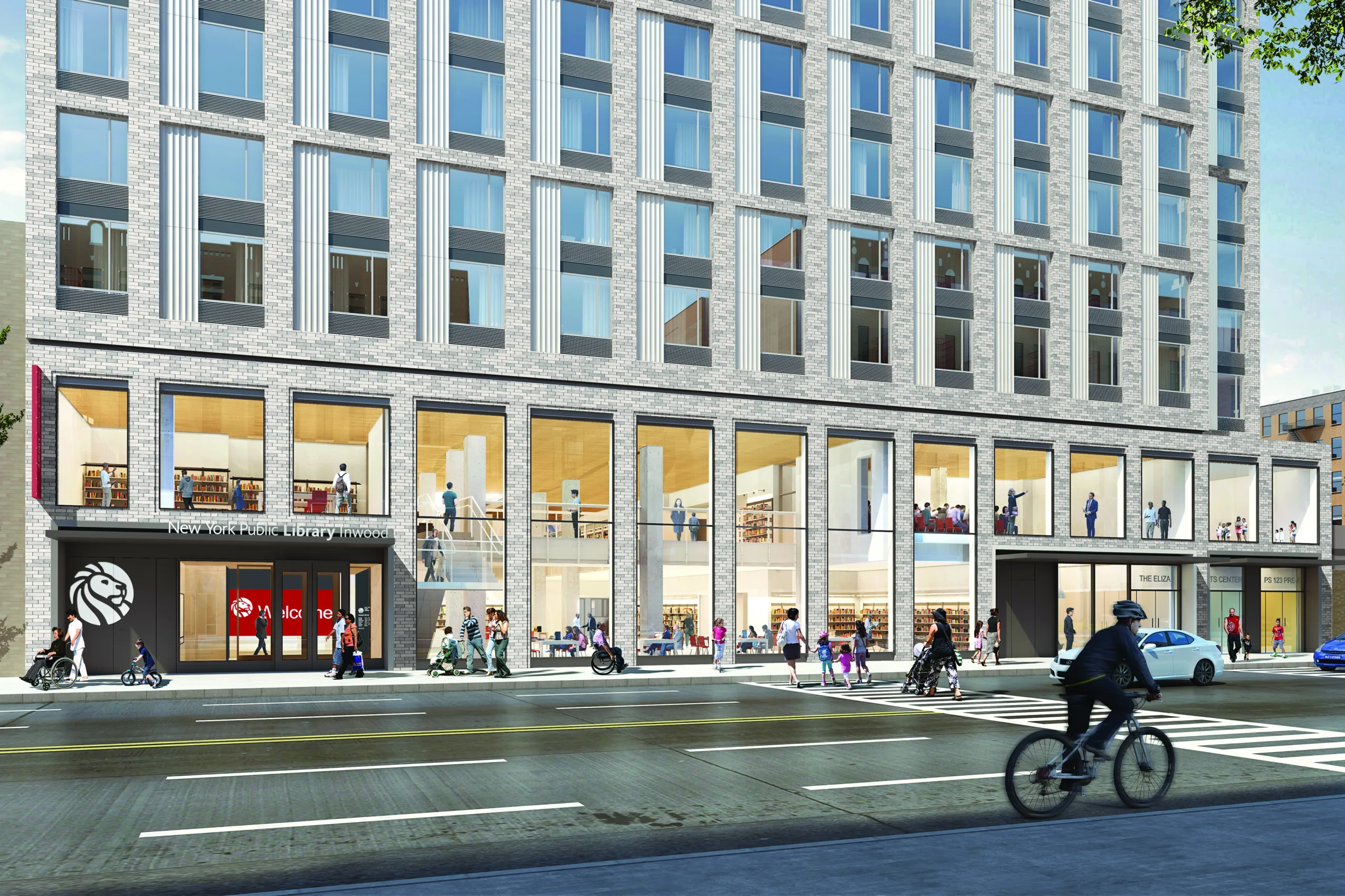 An architecture rendering of a mixed-use development building facade.